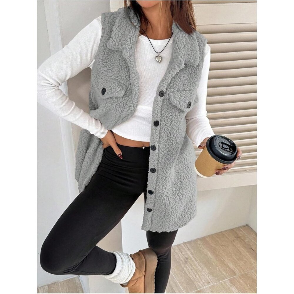 Women's Grey Fuzzy Fleece Vest Sleeveless Button Down Thigh Length Teddy Coat - Picture 3 of 5